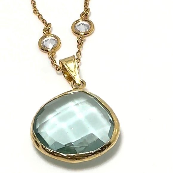 2PCS-LIGHT BLUE CRYSTAL QUARTZ OVAL PENDANT NECKLACE-VERMEIL (.925 BASE)/14KT GO - Picture 1 of 3